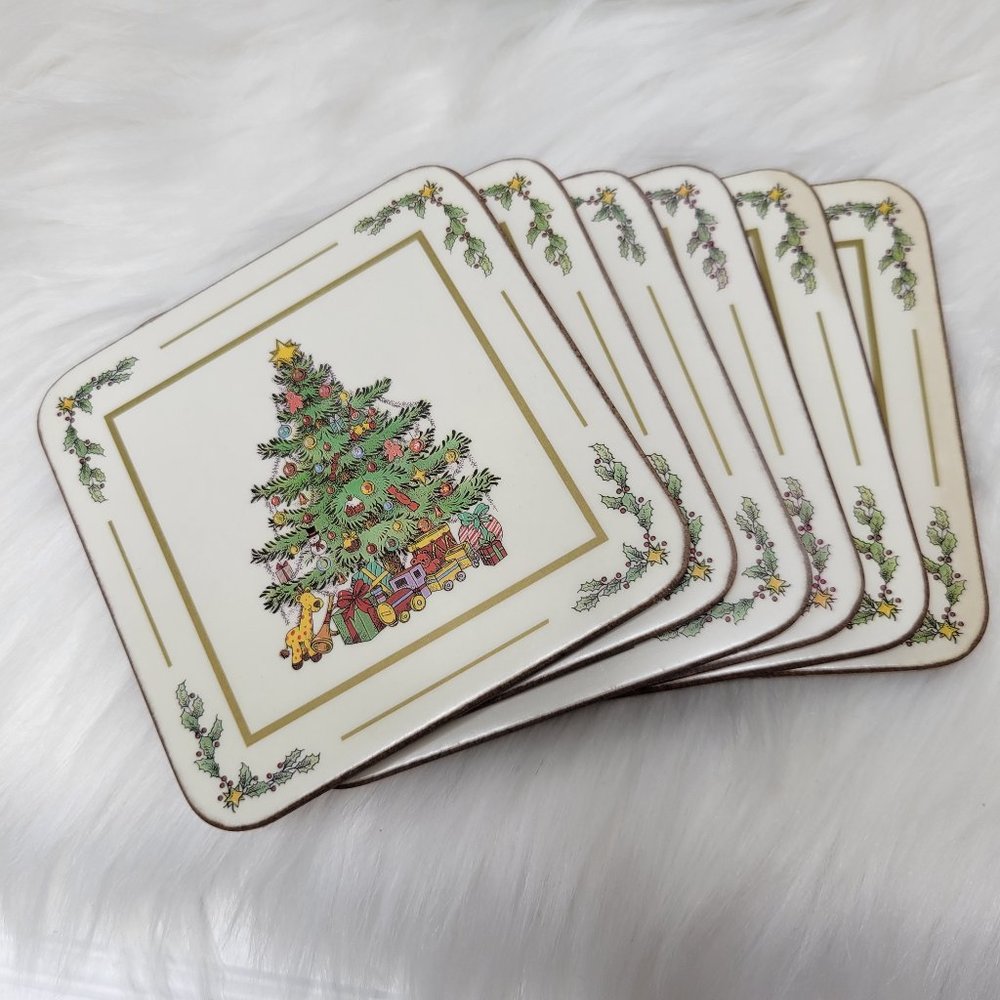 Pimpernel Coasters White Christmas Set of Six Cork Back 4" England Holiday Tree